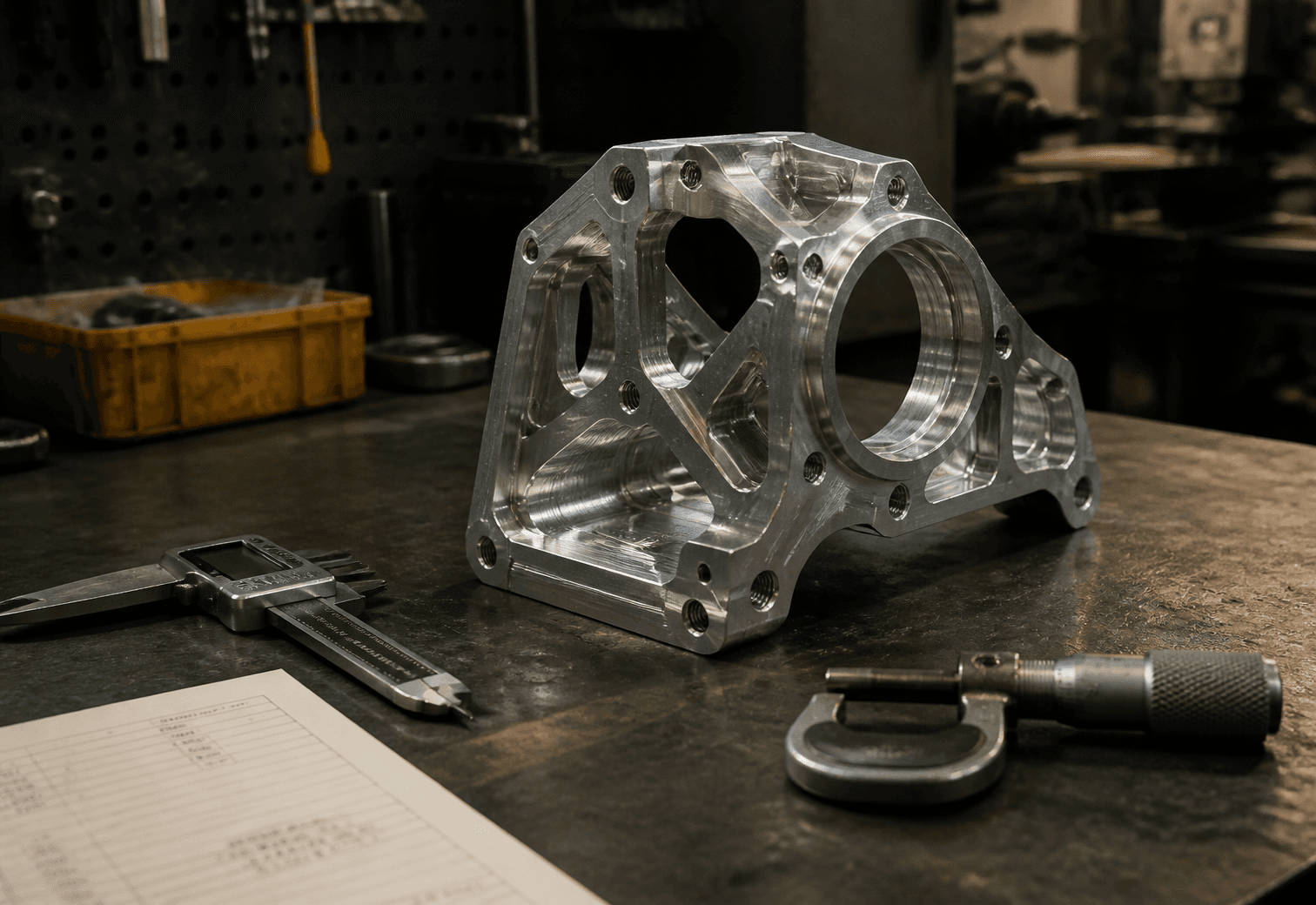 Precision-machined aluminum housing on a shop inspection bench with measuring tools
